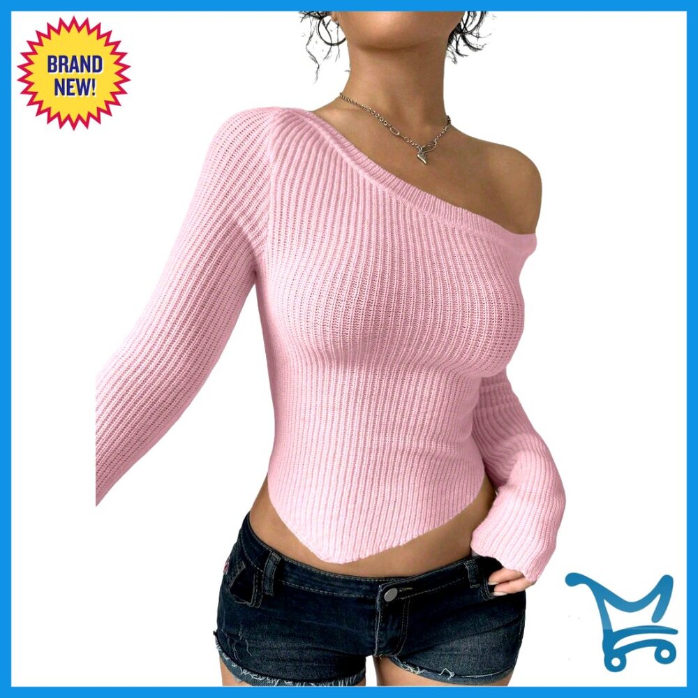 Off Shoulder Cropped Pullover Ribbed Knit Sweater… - image 1